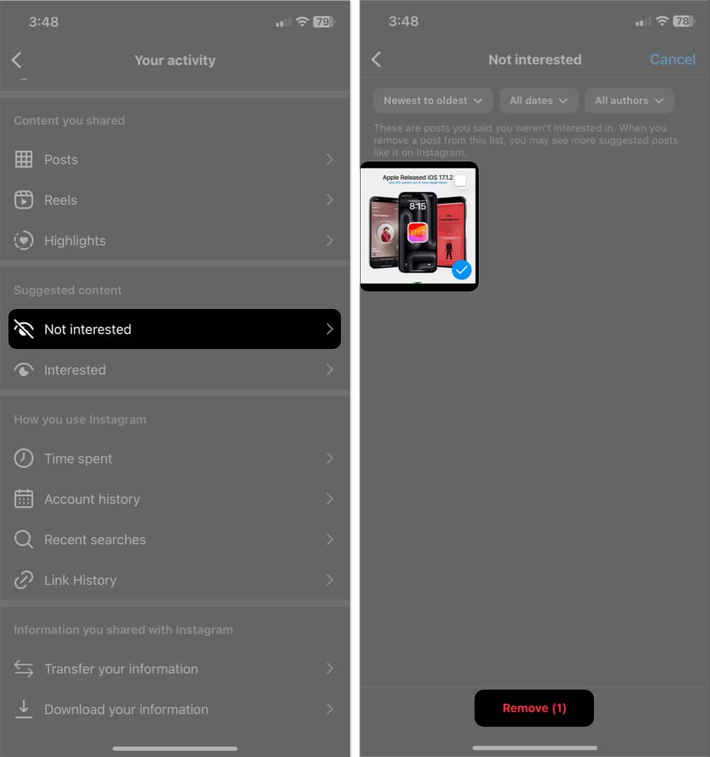 tap not interested, select the post, hit remove in instagram