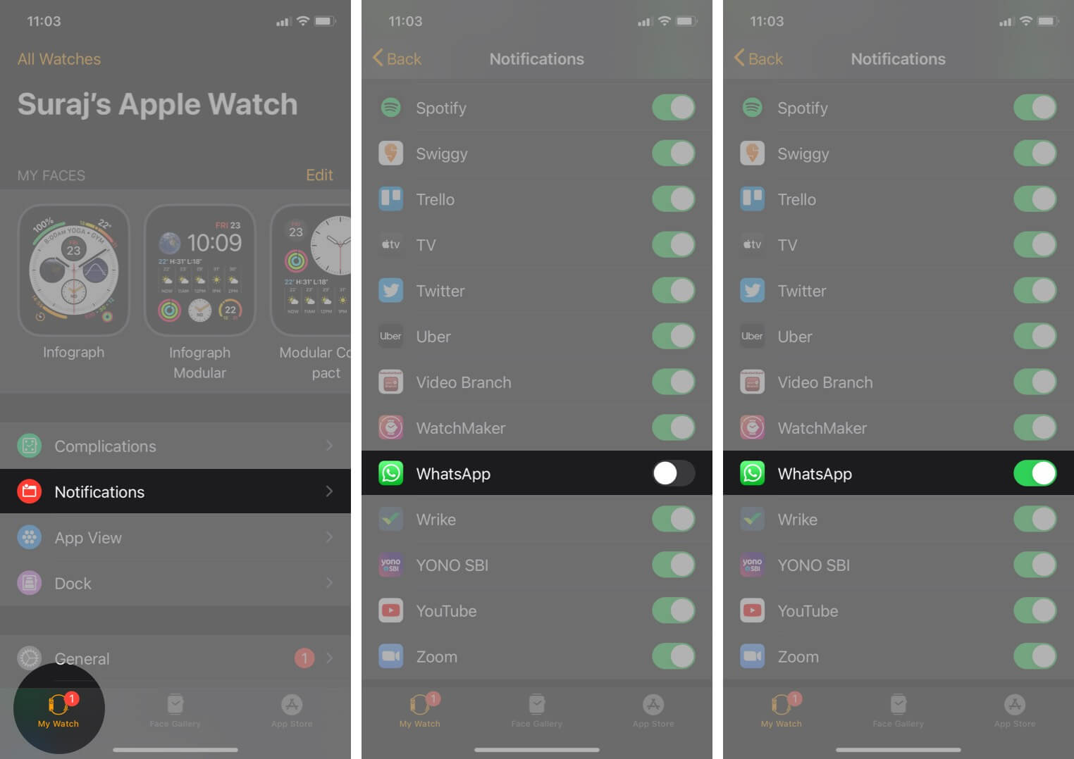 tap on notifications in my watch tab on iphone and enable whatsapp to get notifications on apple watch