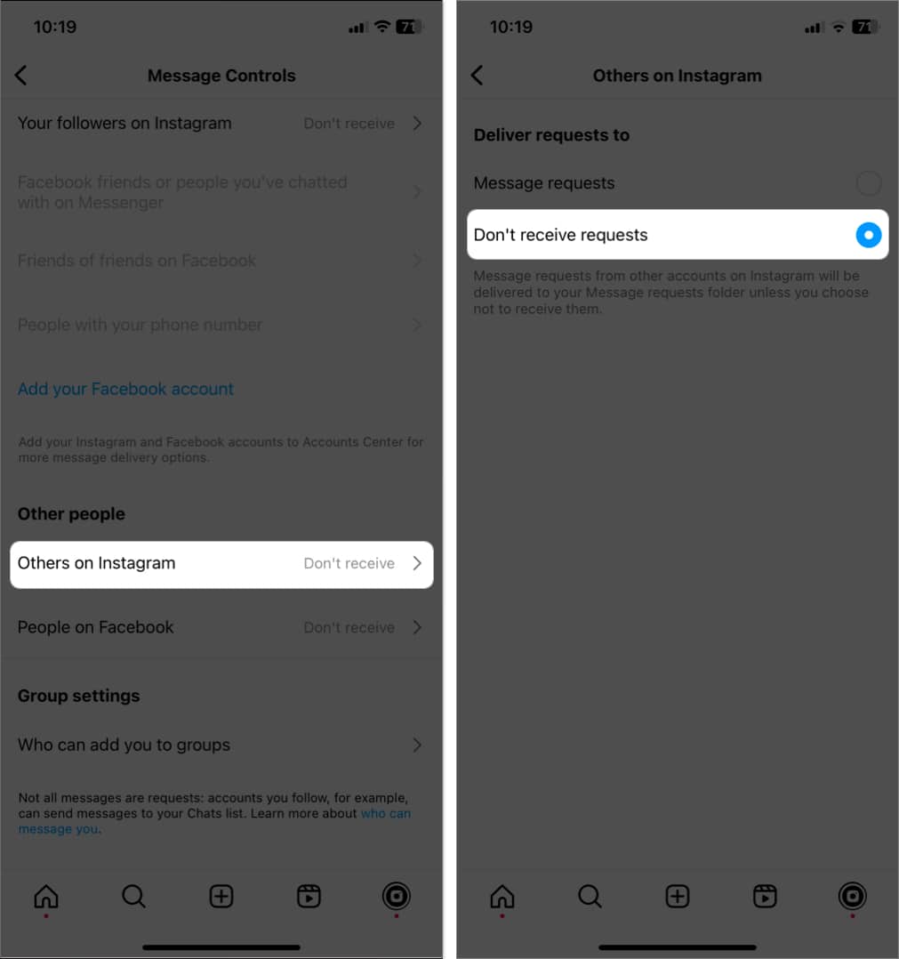 tap others on instagram, select don't receive message request in instagram