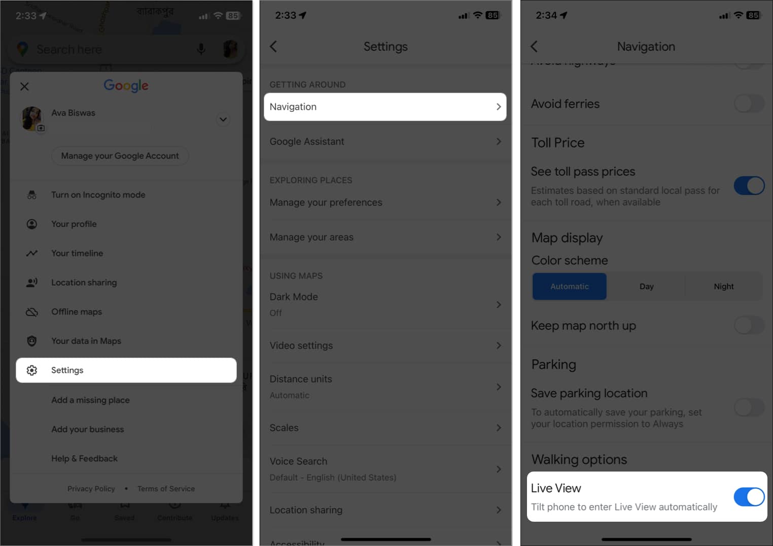 tap profile icon select settings navigation toggle on live view in google maps