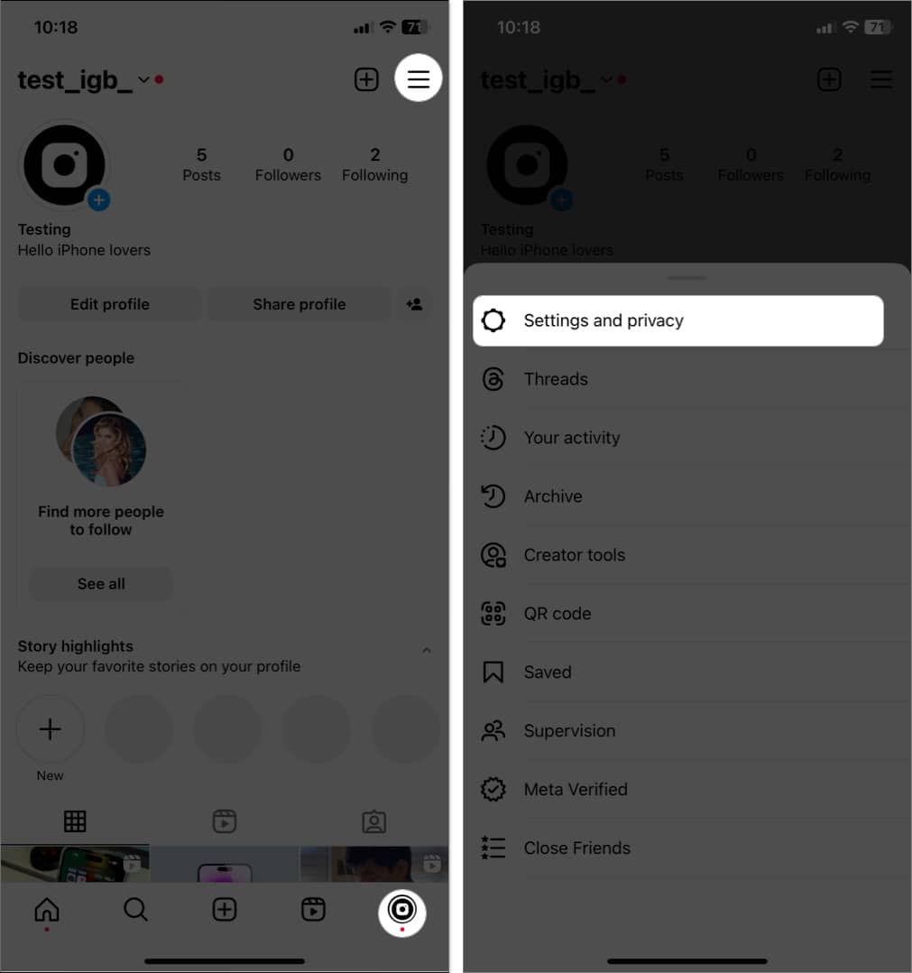tap profile photo tap three line icon settings and privacy in instagram