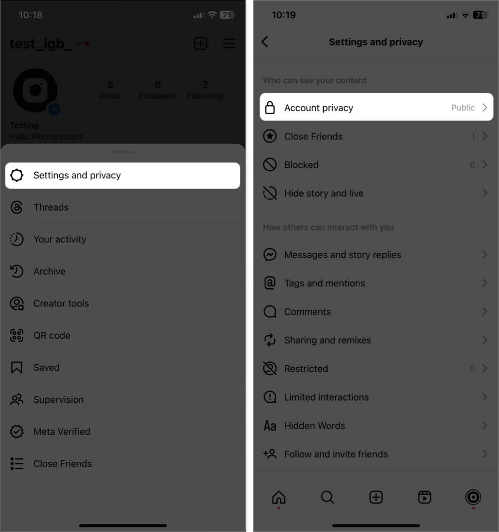 tap settings and privacy, account privacy in instagram