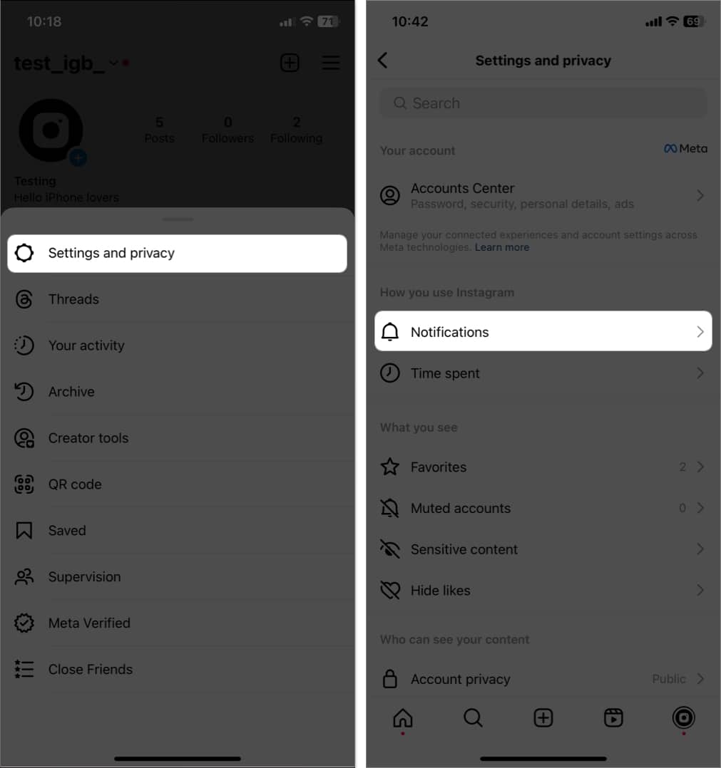 tap settings and privacy, select notifications in instagram