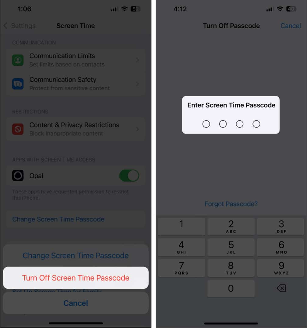 tap turn off screen time passcode
