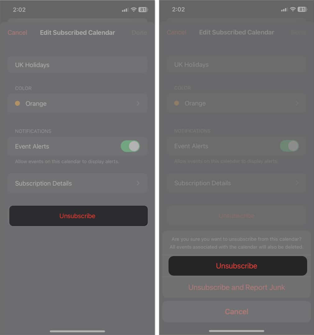tap unsubscribe, select unsubscribe in calendar
