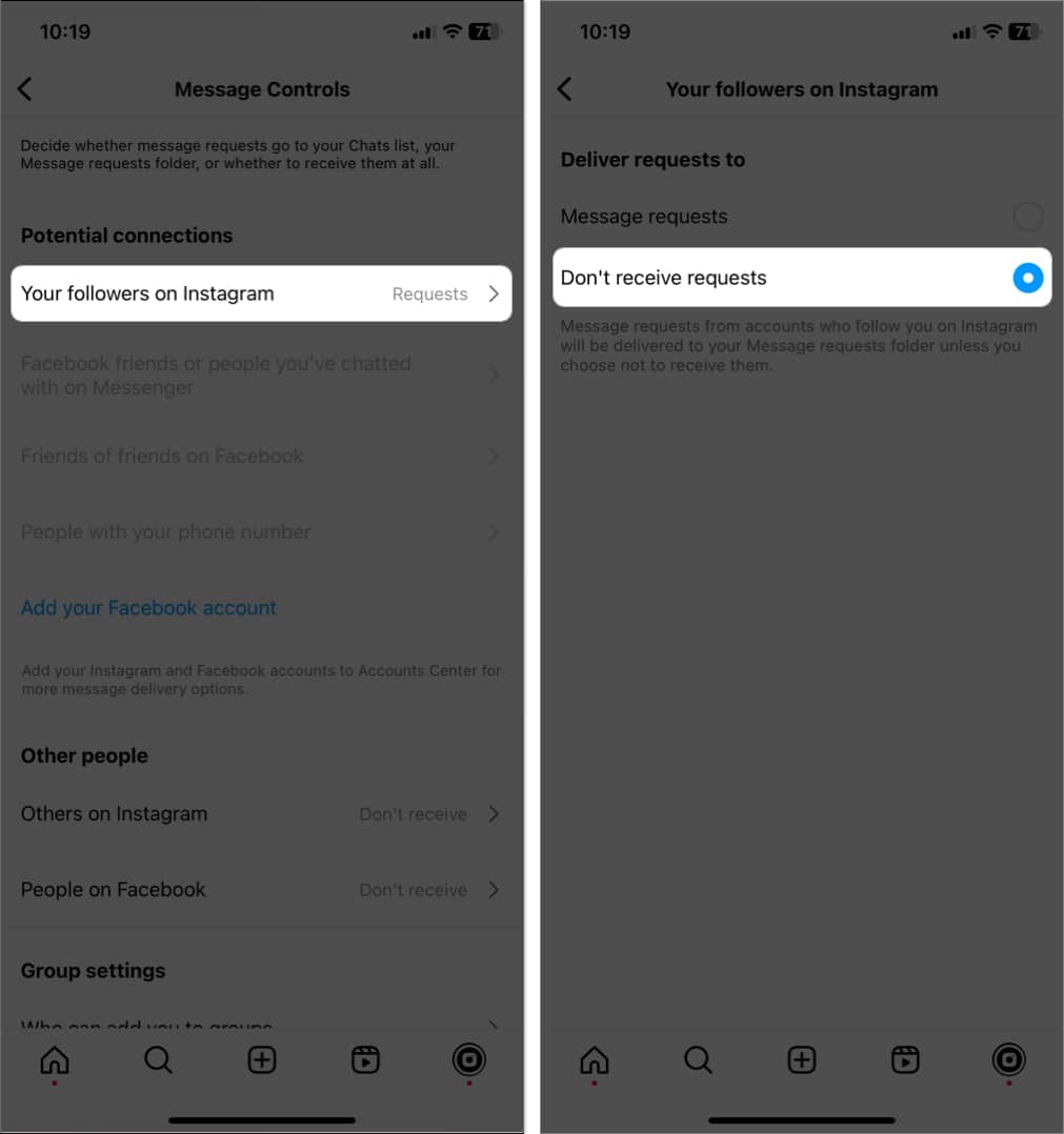 tap your followers on instagram, select don't receive message request in instagram