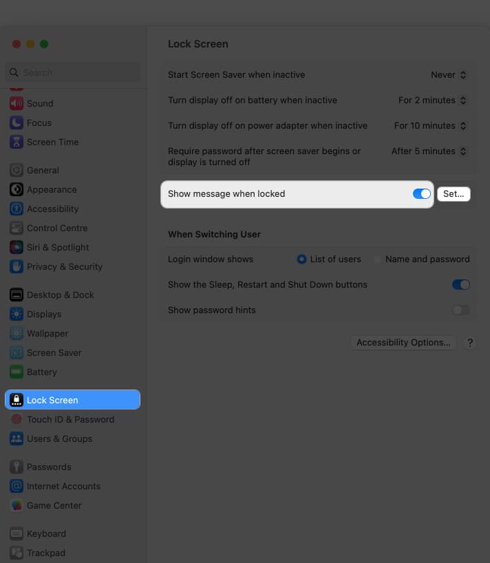 Access Lock Screen toggle on Show message when locked click set in settings