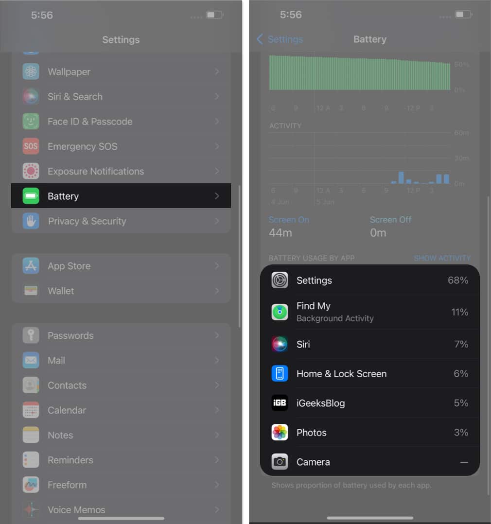 Access battery, access the active apps on your device in settings app