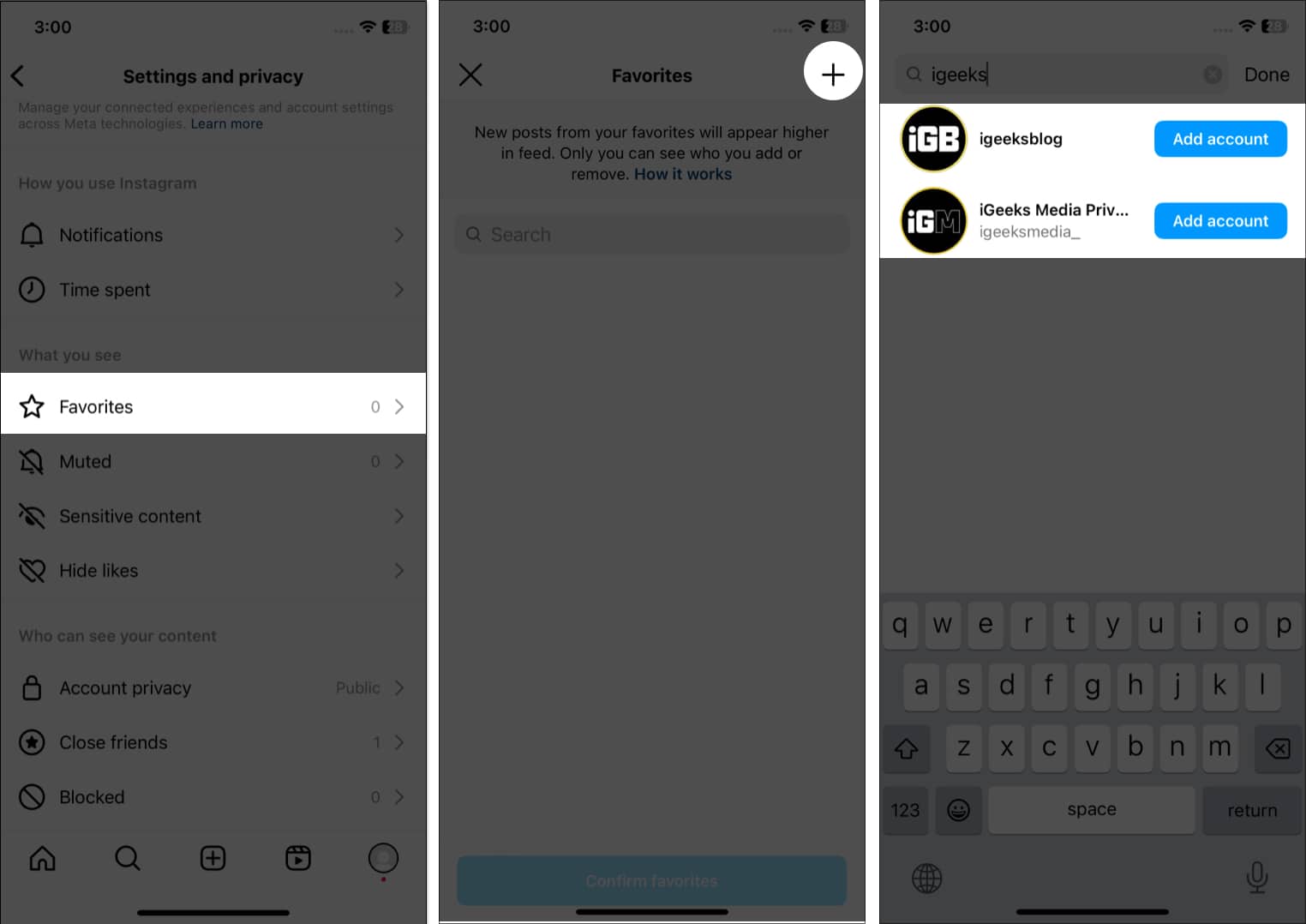 Access favorites tap the + icon add account in instagram