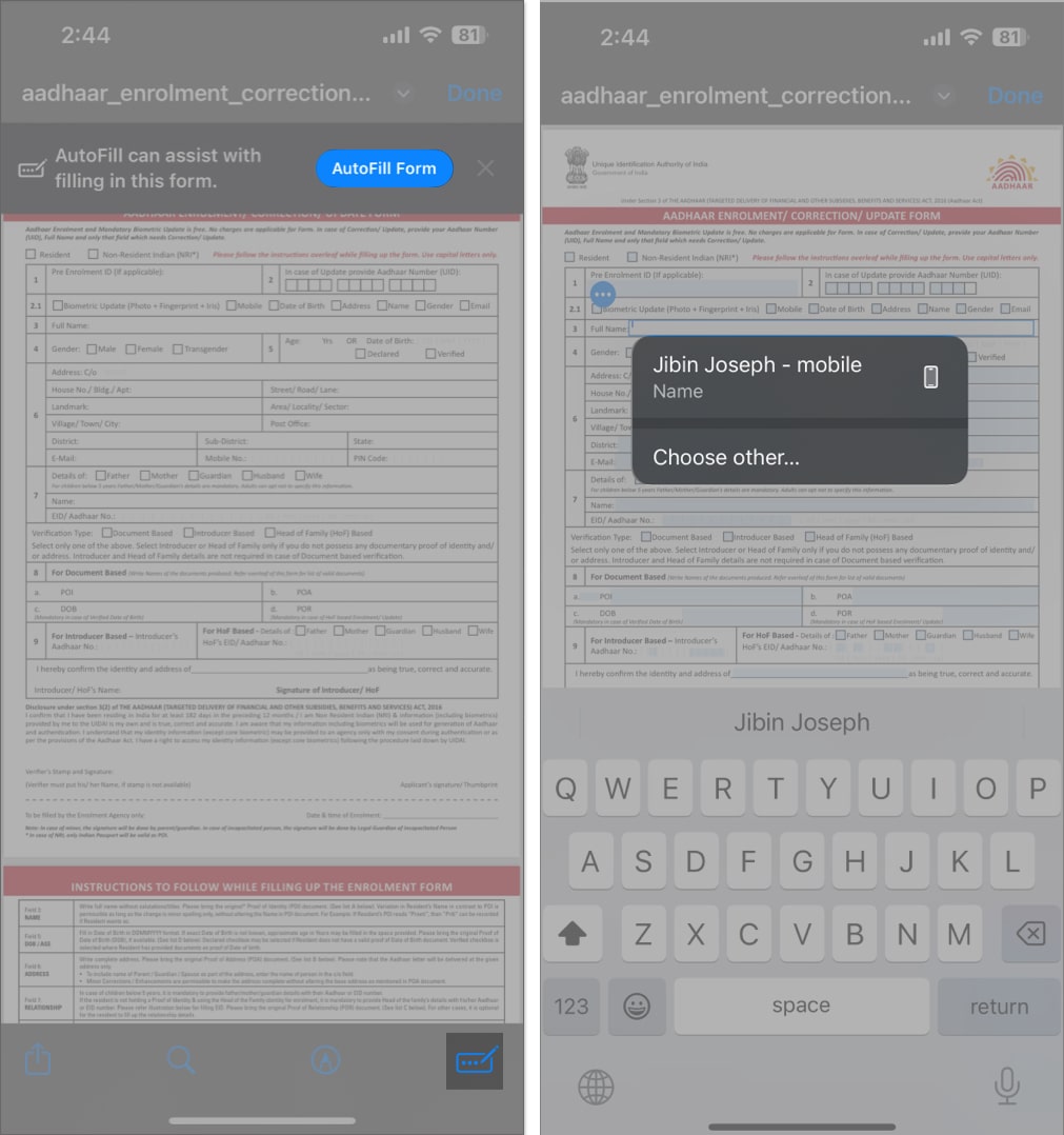 AutoFill Form on iPhone