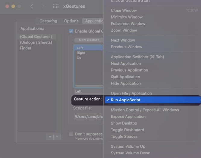 Choose Gesture Action as Run AppleScript on Mac