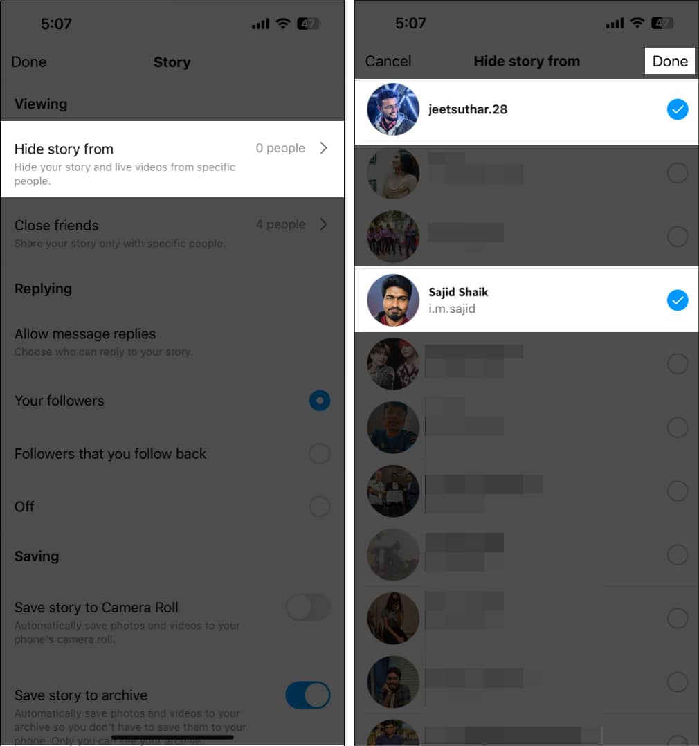 Choose Hide Story and live from select the users you want to hide your stories from and press Done 1