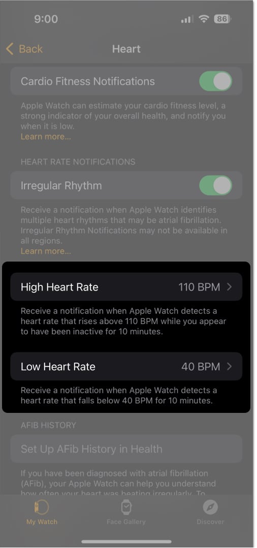 Válassza ki a percenkénti ütemeket a Magas pulzusszám és az Alacsony pulzusszám beállításához az iPhone Heart Rate alkalmazásában