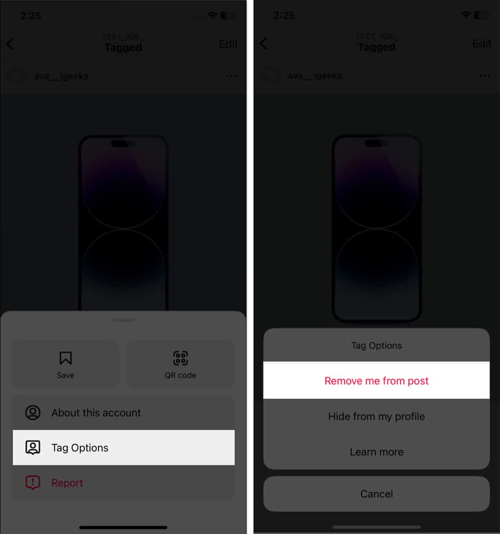 Choose tag options remove me from posts in instagram