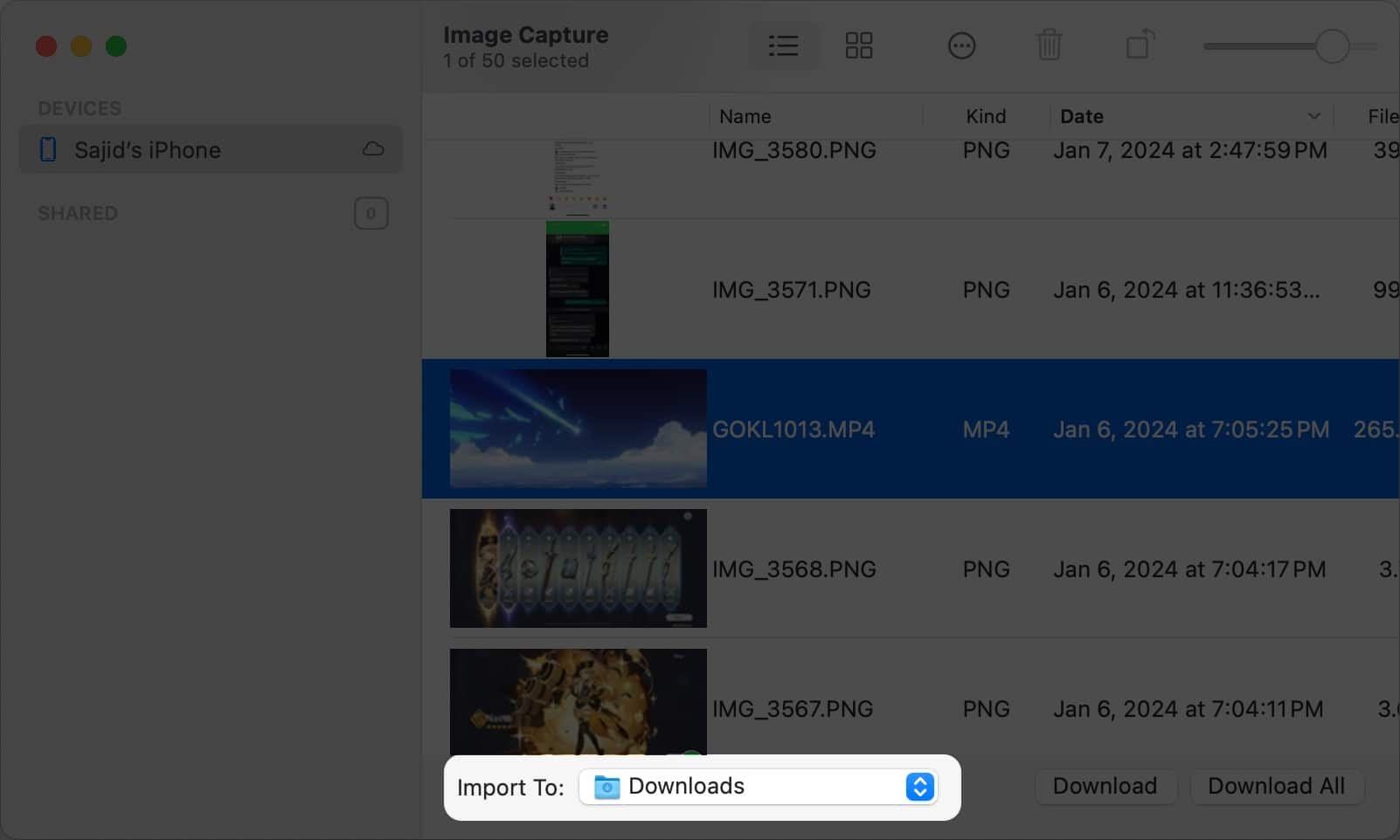 Válassza ki a letöltés helyét az ImageCapture alkalmazásban