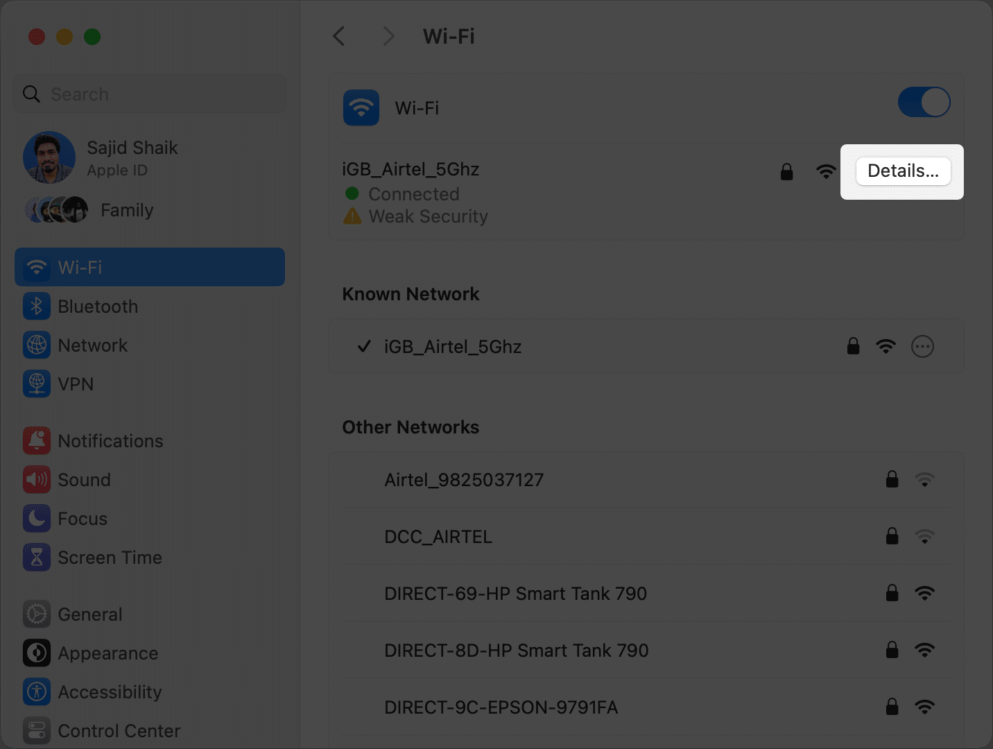 Click Details in Wi-Fi settings