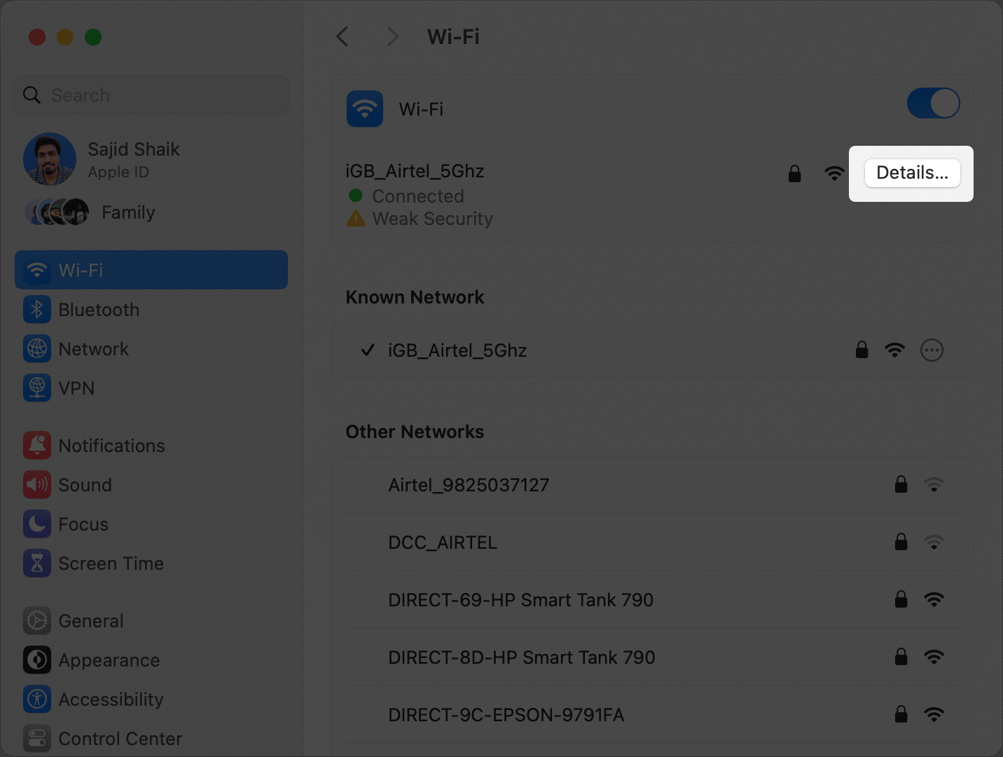 Click Details in Wi Fi settings