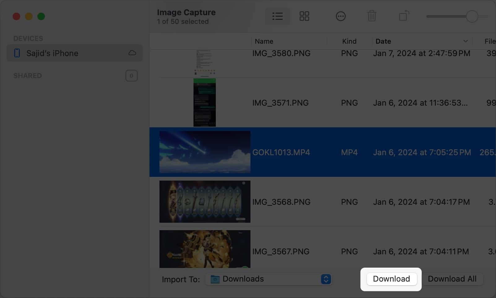 Kattintson a Letöltés gombra az ImageCapture programban a kiválasztott videó Macre importálásához