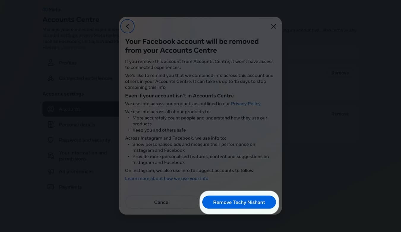 Click Remove [Facebook account name]