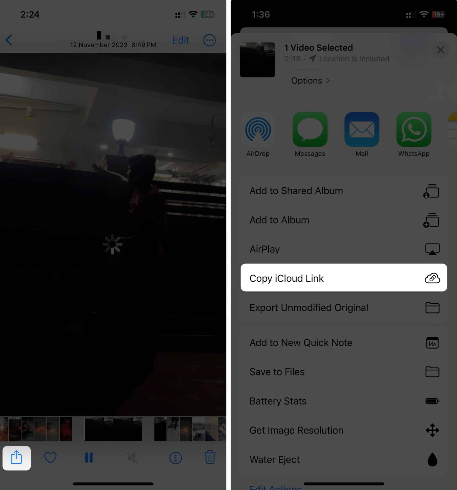 Copying iCloud Link from share sheet of video in the Photos app