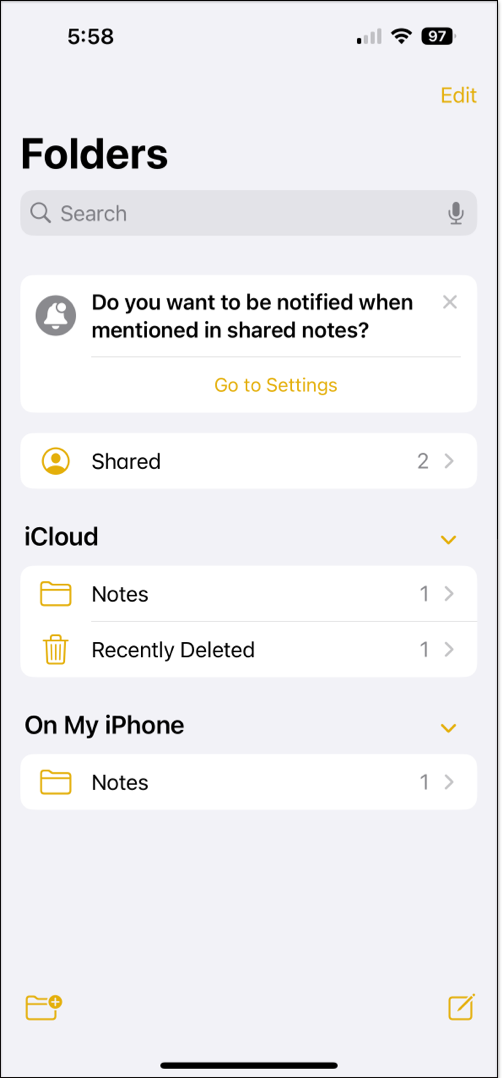 Disabled notification for notes app