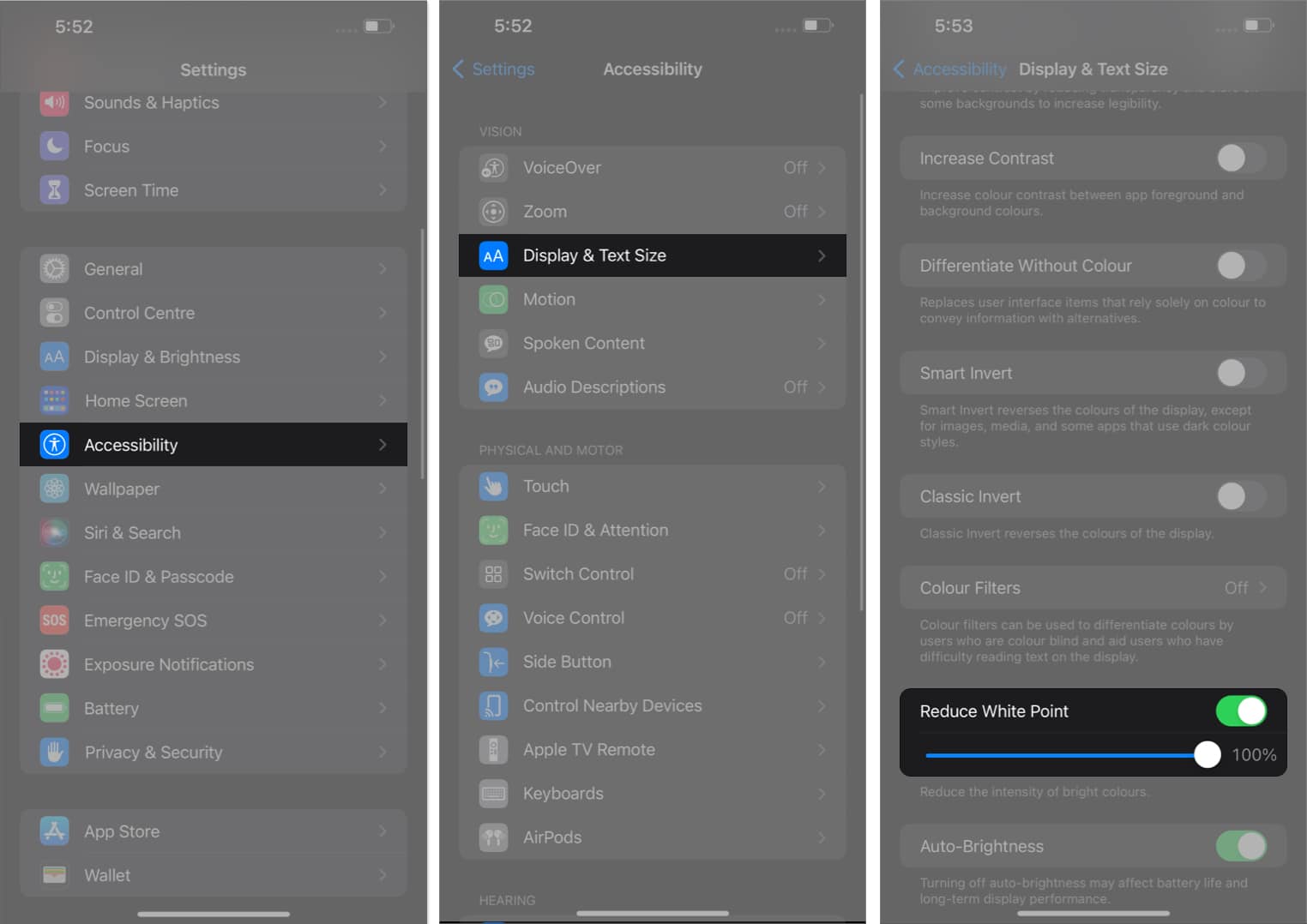 Display & Text Size option. Now, toggle on the Reduce White Point option and shift the slider to 100% in settings