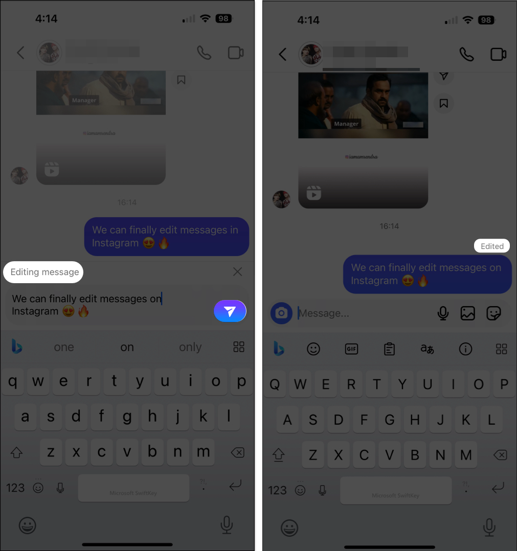 Edit and resend the message on Instagram