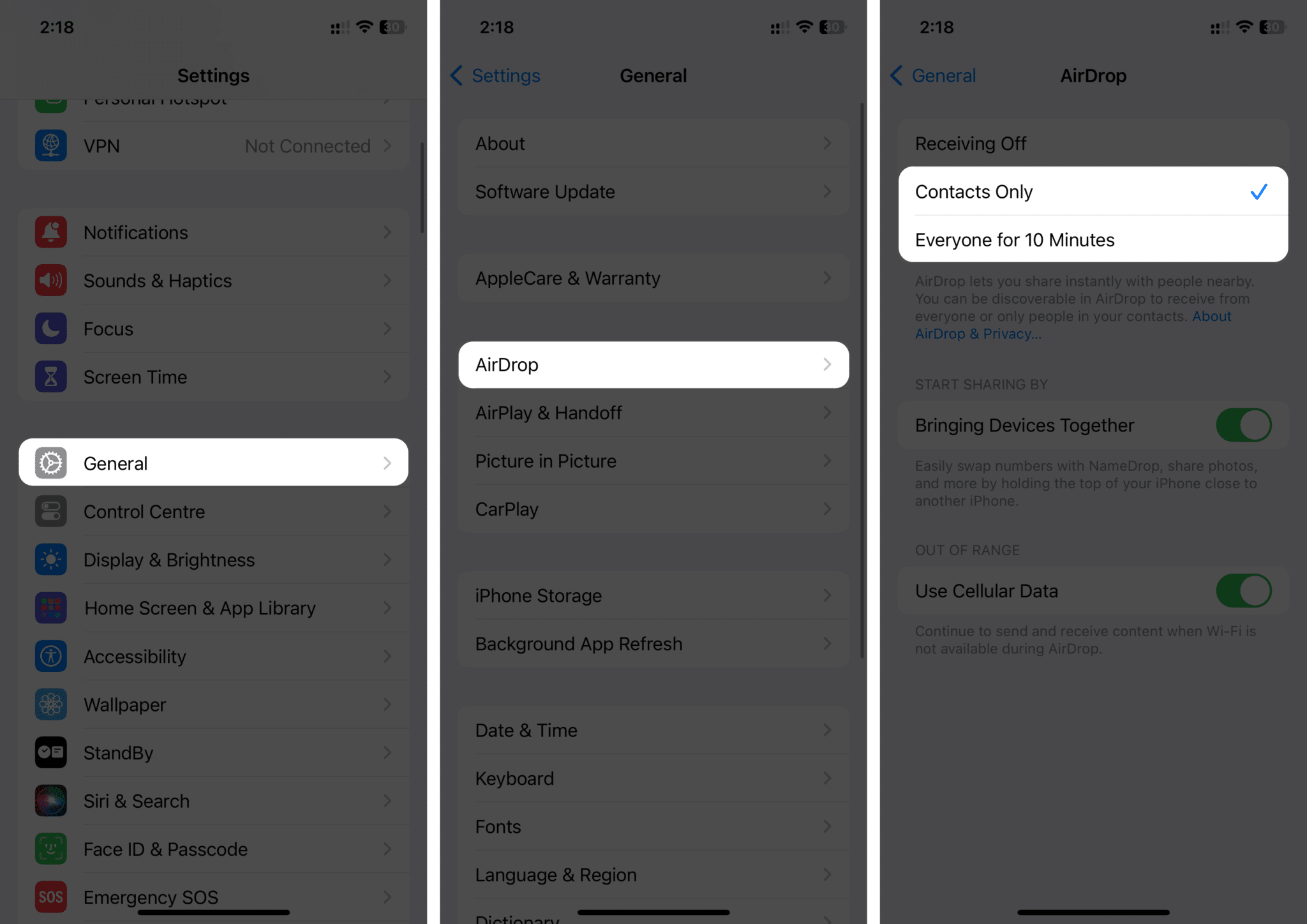 Az AirDrop engedélyezése az iOS.png beállításainál