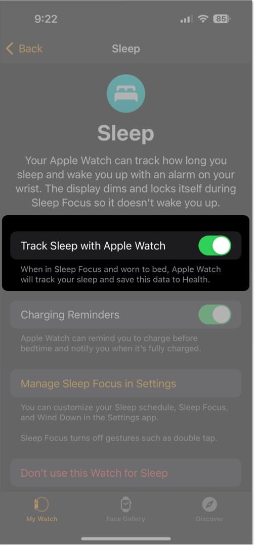 Enable Track Sleep with Apple Watch in My Watch tab on iPhone