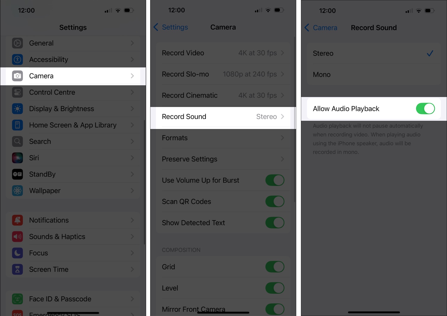 Enable audio playback in iPhone Camera settings
