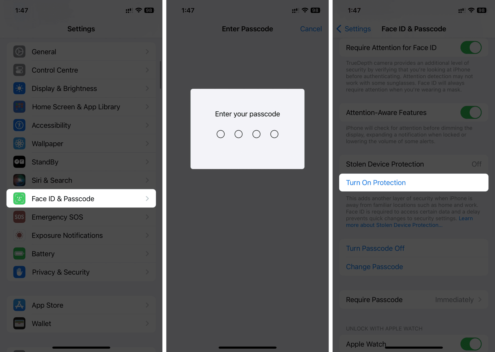 Enabling Stolen Device Protection in iOS 17.3