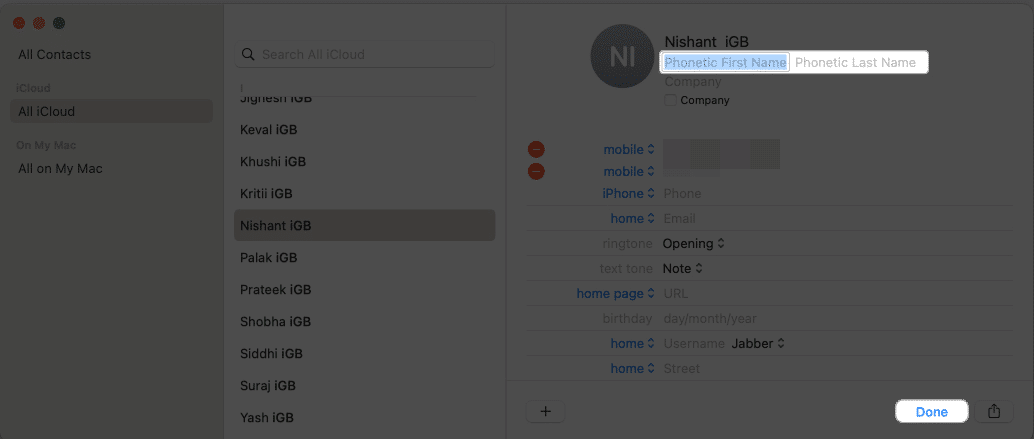 Enter the correct phonetic spelling of the contact and click done