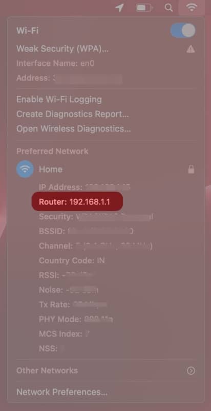 Find Mac's router IP address using Wi-Fi menu