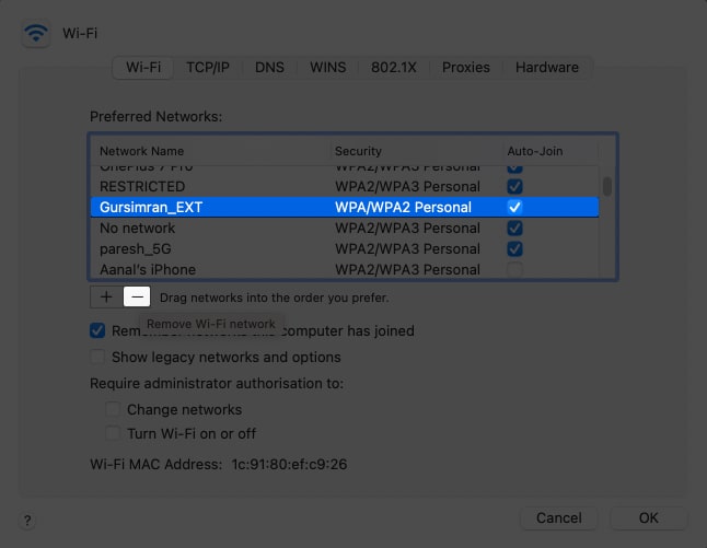 Forget WiFi Network and Reconnect on Mac