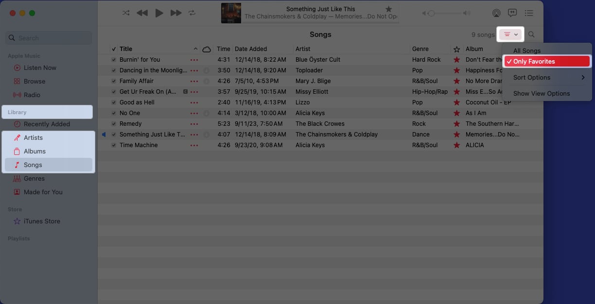 From Library Select artist, Albums or Songs, tap the filter icon and select Only Favorties on Mac