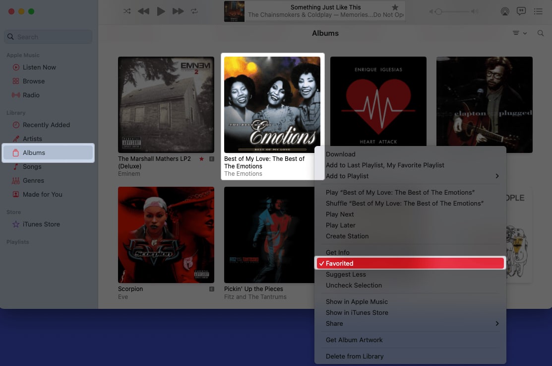 Μεταβείτε στα Άλμπουμ από τη Βιβλιοθήκη και κάντε δεξί κλικ και επιλέξτε Αγαπημένο