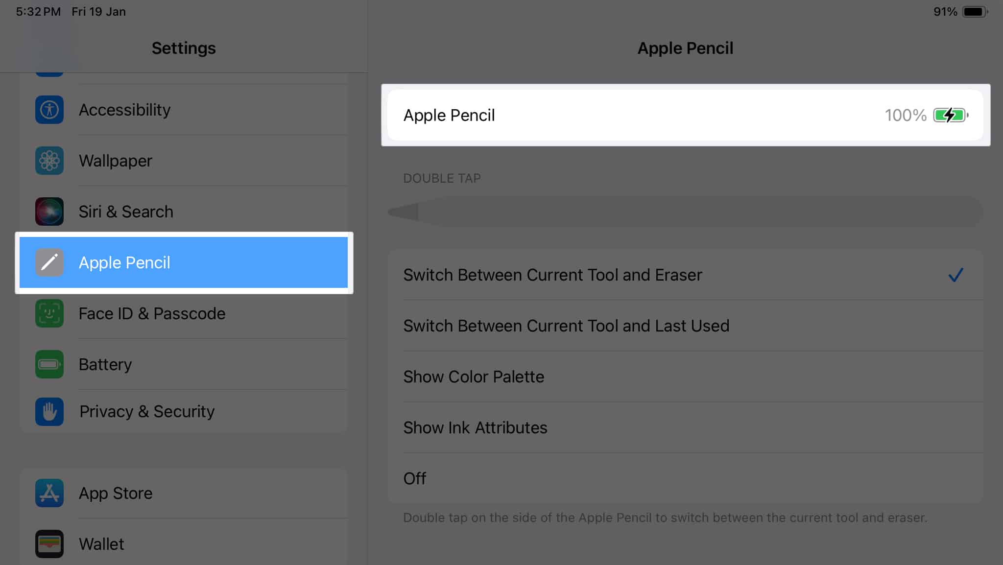 Pergi ke Apple Pencil dan lihat pengecasan pada anak tetingkap kanan