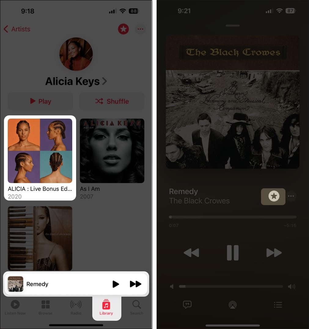 Go to Library select song or album and add to favorite