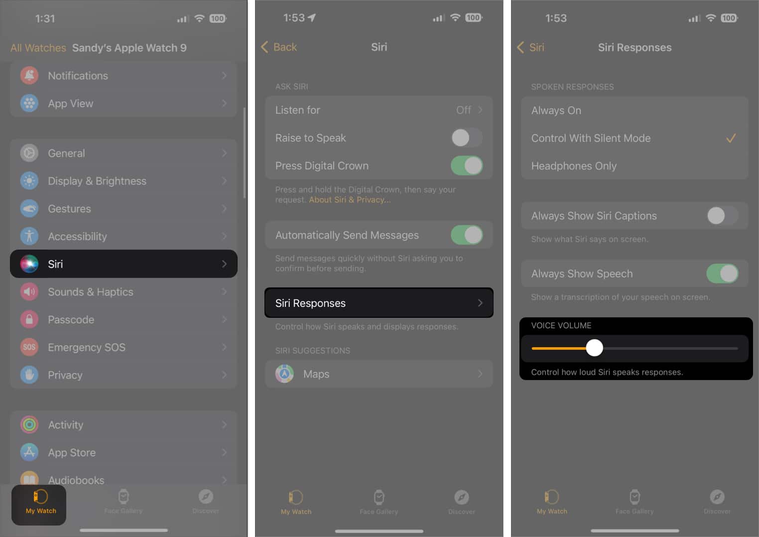 Pergi ke Jam Tangan Saya pilih Siri pilih Siri Respons dan Laraskan Kelantangan Suara daripada iPhone