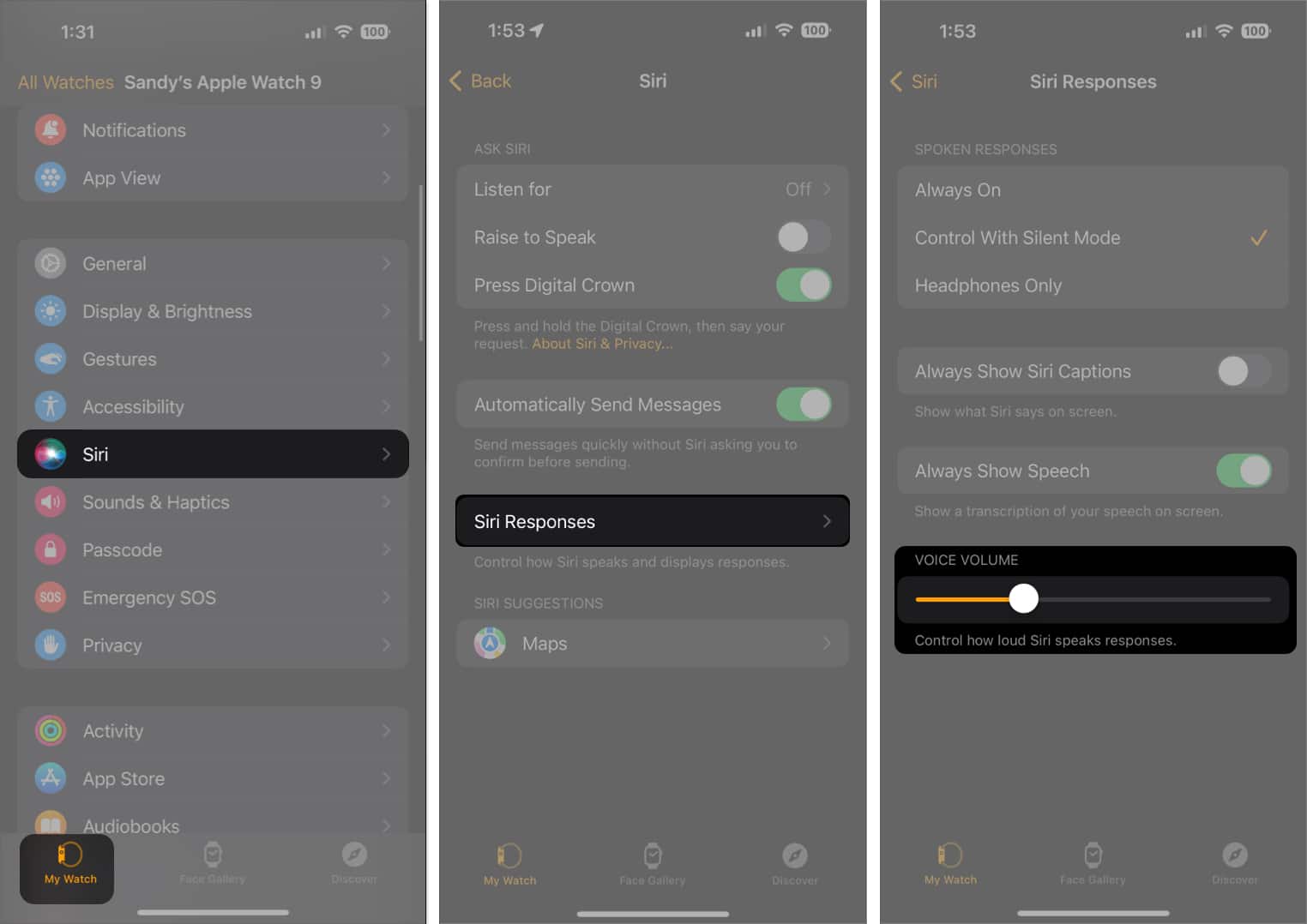 Go to My Watch select Siri the nchoose Siri Responses and Adjust the Voice Volume from iPhone