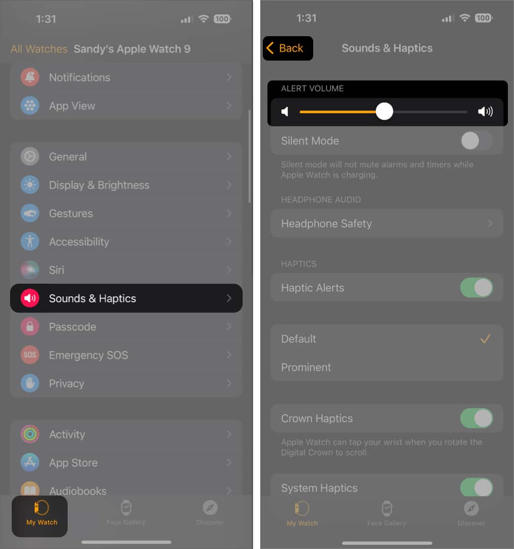 Go to My Watch select Sounds and Haptics and Adjust the Alert Volume on iPhone