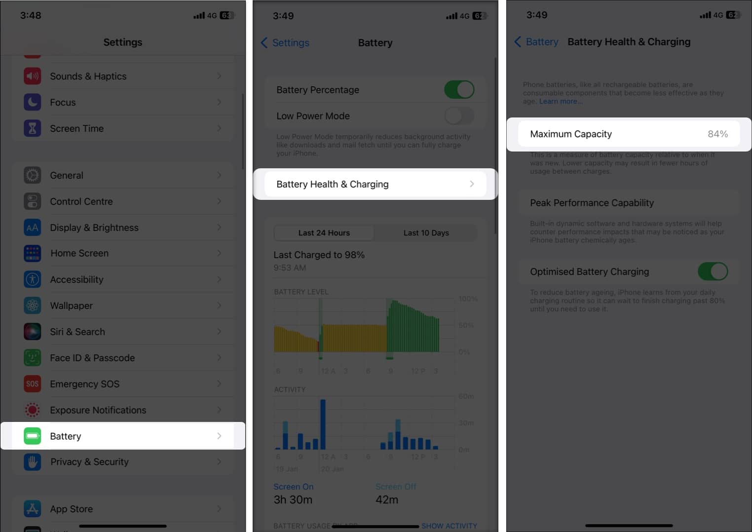 Go to Settings, Battery, Battery Health & Charging, Check Maximum Capacity