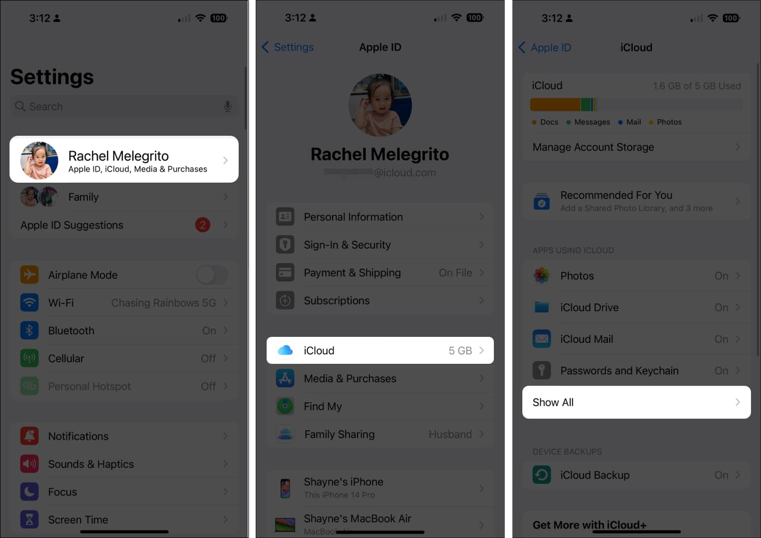 Parametrlərə, adınıza, iCloud-a gedin və Hamısını göstər vurun