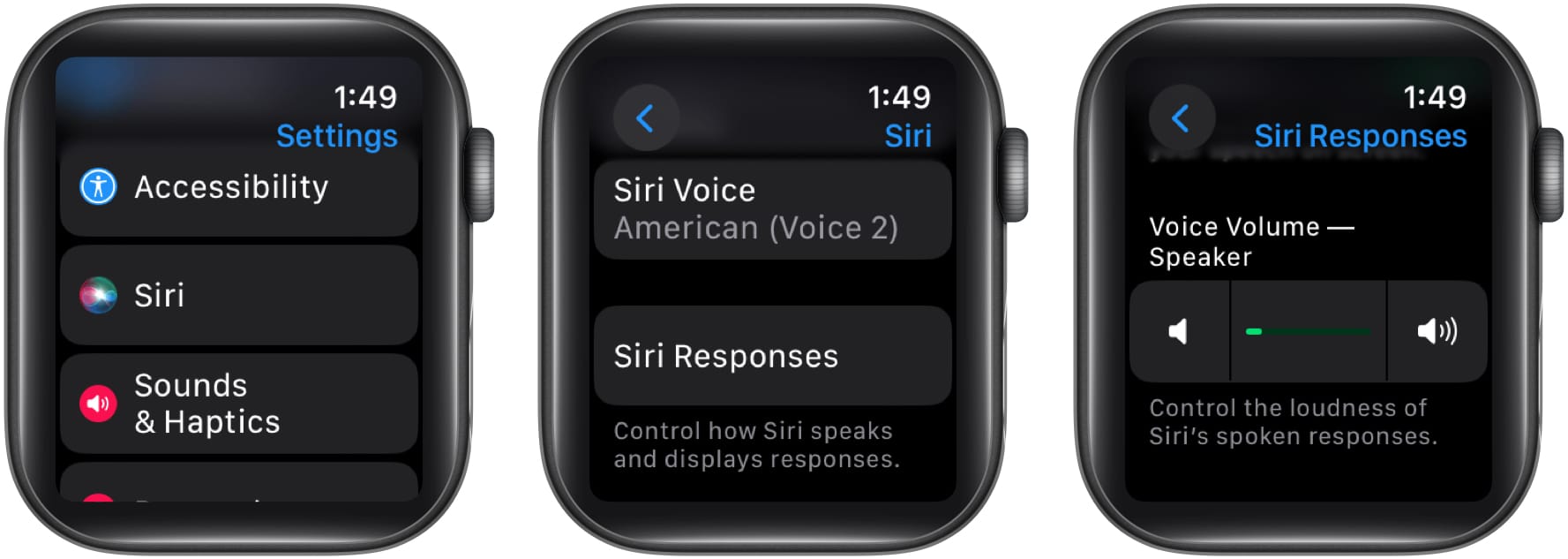 Go to Siri, Select Siri Responses and Adjust the Voice volume speaker