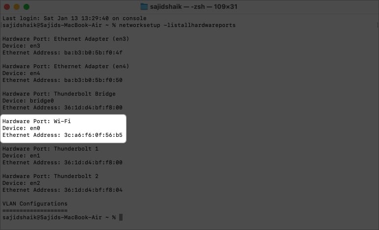 Image highlighting Hardware Port Wi Fi Device section in the terminal