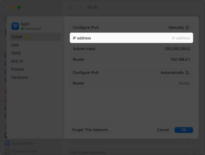 Image highlighting IP address option to enter IP address provided by ISP