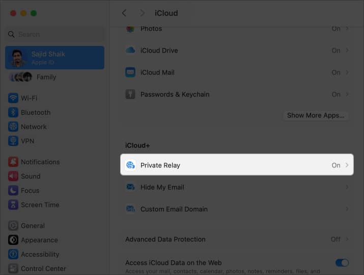 Image highlighting Private Relay option under iCloud+ section