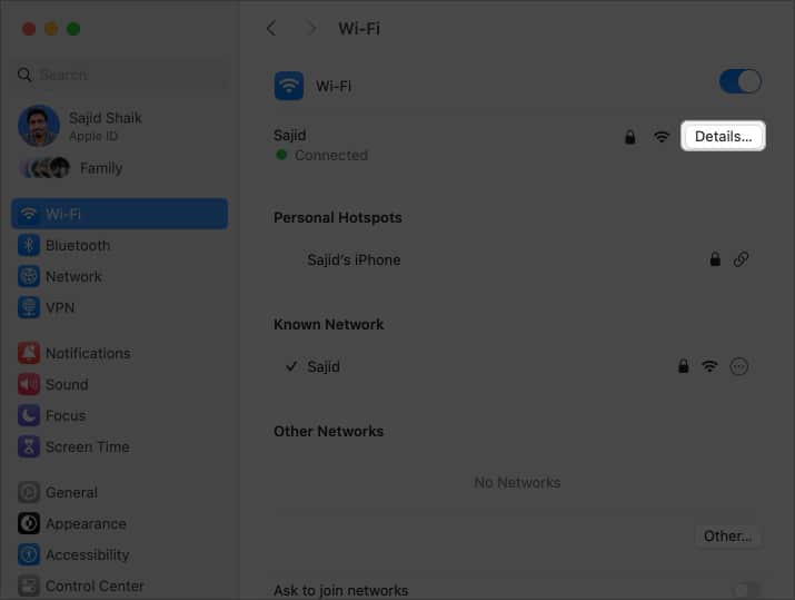 Image highlighting to select Details on connected Wi Fi network