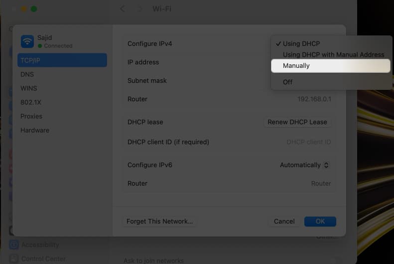 Image highlighting to select Manually when clicking on Configure IPv4 option