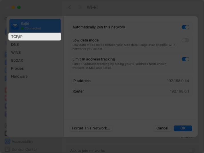 Image highlighting to select TCP:IP from left panel when appear